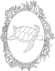 Sea Turtle in A Floral Frame Coloring Page. Printable Coloring Worksheet for Kids. Educational Resources for School and Preschool.