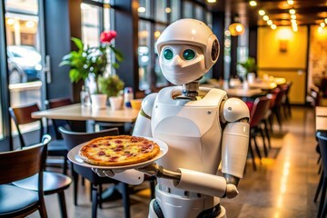 Waitress robot assistant with pizza in cafe.