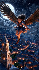 Winged Girl Flying Over Night City