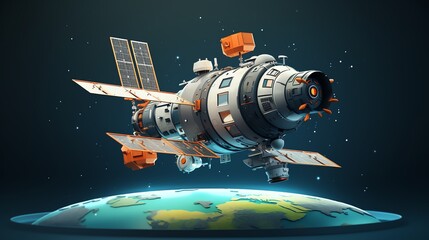 Naklejka premium A highly detailed render of a satellite in orbit around the Earth. The satellite is covered in solar panels and has a variety of antennas and sensors.
