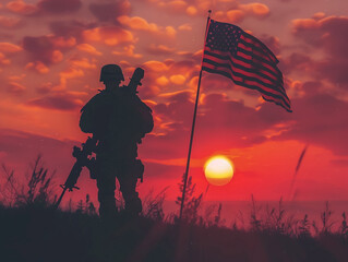  Soldier Silhouette with American Flag at Sunset