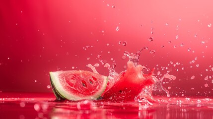 A juicy slice of watermelon splashing on a vibrant red background, symbolizing freshness and summer vibes