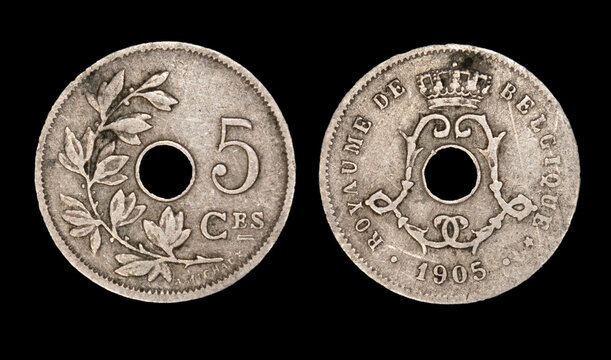 Close-up of vintage Belgian 5 centimes coin of King Leopold