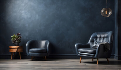 Elegant Living Room Design: Blue Armchair Against Blue Wall with Copy Space