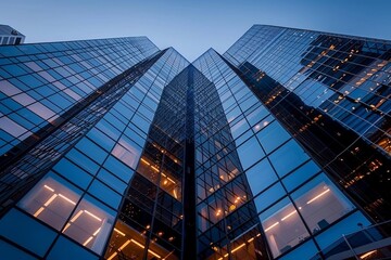 From below of entrance of office building next to contemporary high rise structures with glass mirrored walls and illuminated lights in calgary city against cloudless blue sky. generative ai.