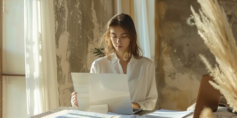 An elegant woman in a white shirt is sitting at a desk, looking at a document. AIG51A.