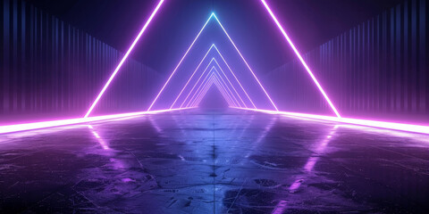 Abstract background with neon light lines and geometric shapes, glowing purple and blue, empty room