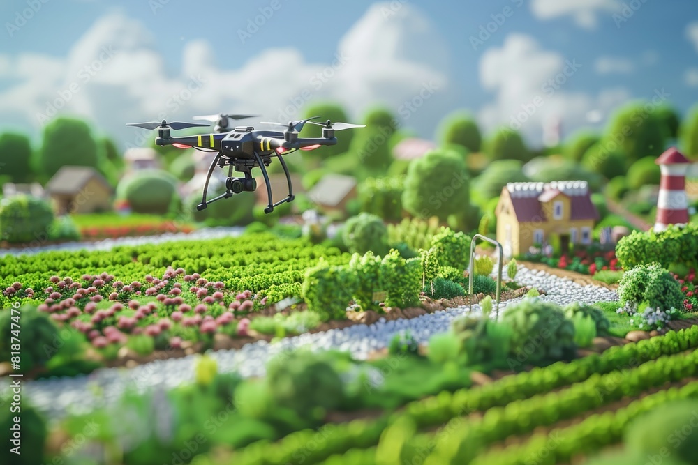 Poster utilizing technology for aerial views of crop fields with drones in farm settings, monitoring land g