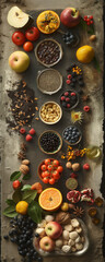 Assorted Fresh Fruits, Vegetables, and Nuts on Rustic Background