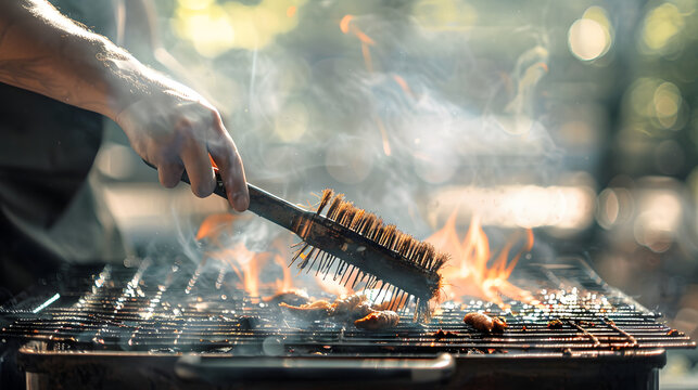 Preparing barbecue grill with wire brush cleaning
