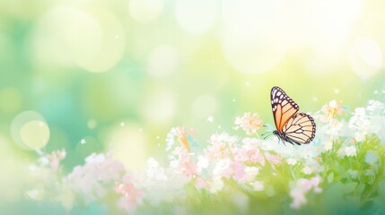 A tranquil scene with a butterfly on soft pink blossoms against a dreamy bokeh green background