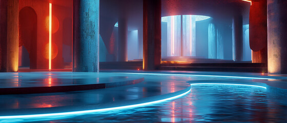 Obraz premium Futuristic neon-lit indoor water pool with pillars and reflections. Copy space. Generative AI 