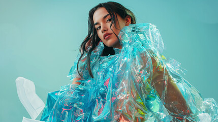fashion model wearing clothes made of waste plastic to show effects of plastic wastage , plastic wastage clothing collection,, upcycling fashion trend