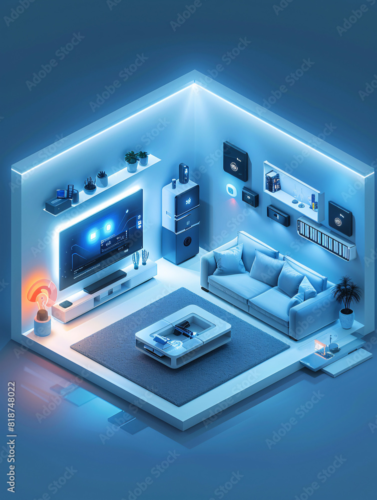 Poster within the sleek interior of an ai-augmented reality smart home, a person holds a remote control, ma