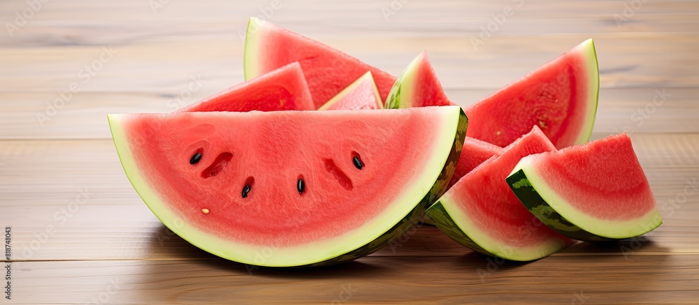 Poster Text can be added to a white background copy space image featuring sliced watermelon