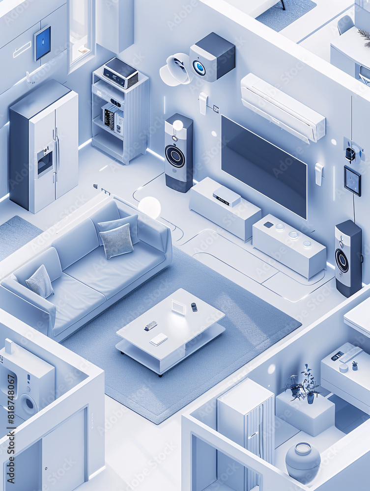 Poster within the sleek interior of an ai-augmented reality smart home, a person holds a remote control, ma