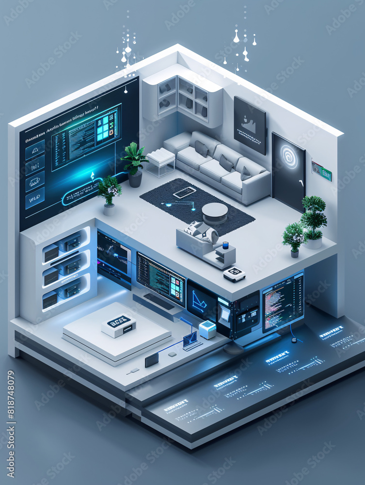 Poster within the sleek interior of an ai-augmented reality smart home, a person holds a remote control, ma