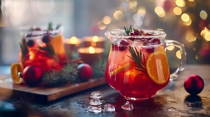 Christmas punch on a winter table front view festive warming concept