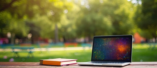 A laptop screen rests on a blackboard filled table in a park with colorful chalks lying beside it The scene offers a copy space image