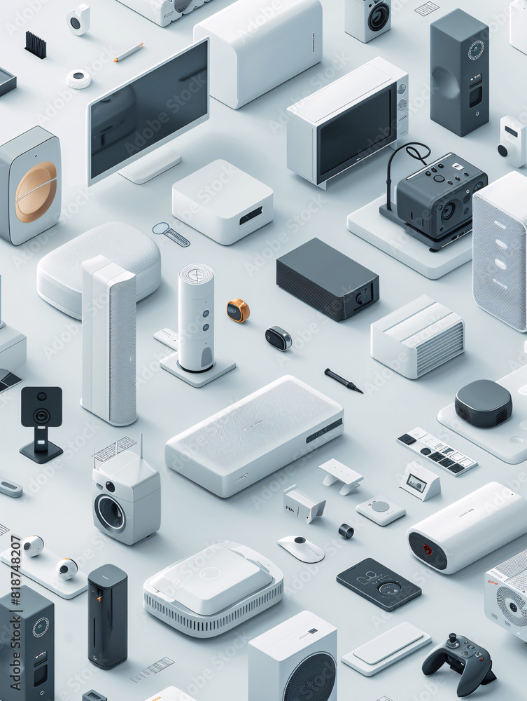 Poster a minimalist depiction of a futuristic smart home interior showcases an array of modern smart home c