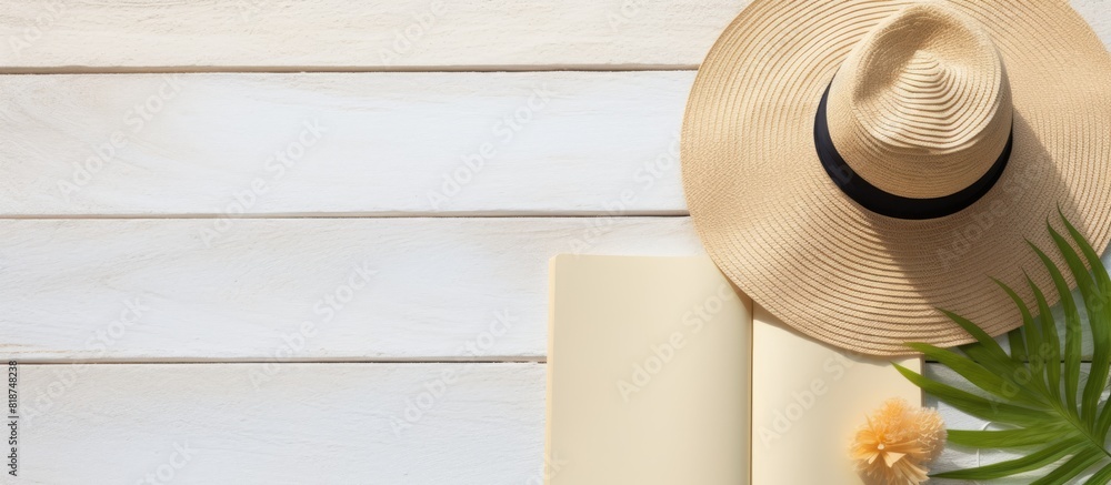 Poster Summer beach accessories on a background with a blank writing book offering copy space Flat lay with additional space for text or images