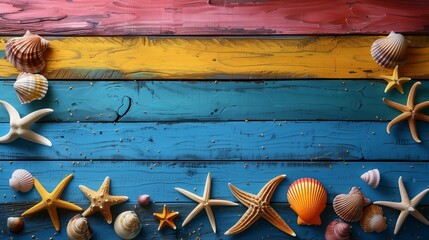 sea accessories beautifully arranged on a colorful wooden floor.
