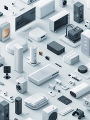 A minimalist depiction of a futuristic smart home interior showcases an array of modern smart home components managed by a remote control device. The isometric design and minimal color palette create