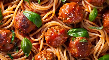 Close up of delicious meatballs pasta with tomato sauce from above tasty homemade meatballs spaghetti concept food pattern background - Powered by Adobe