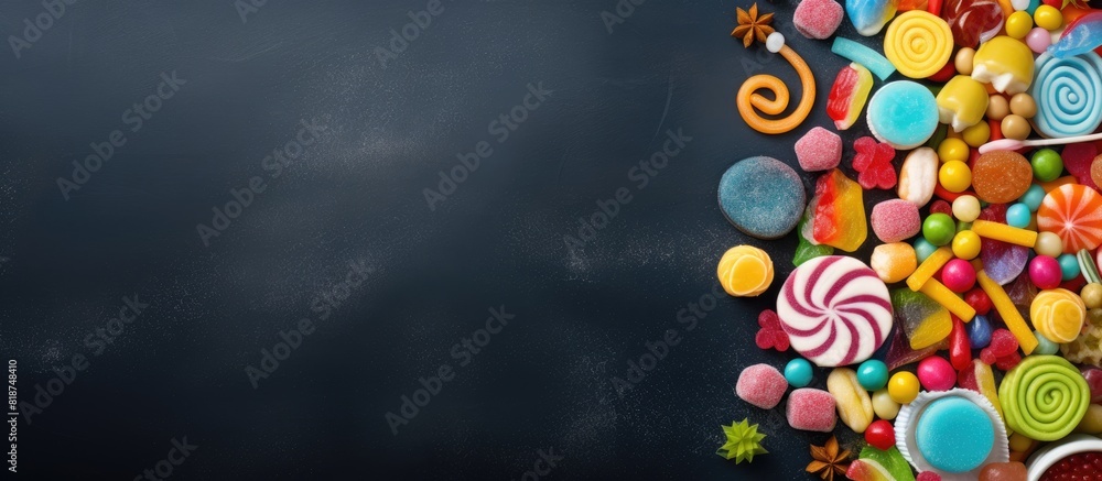 Poster top view of a colorful and vibrant candy display on a concrete slate with an open space for adding i