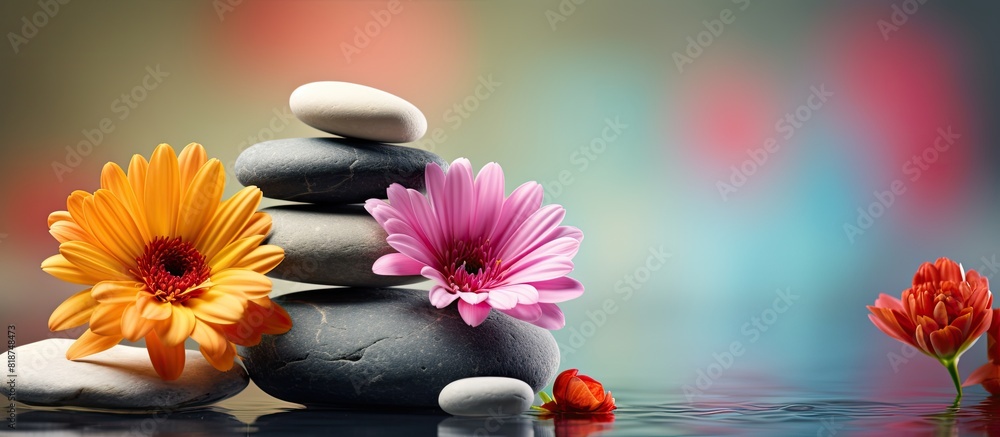 Poster an elegant arrangement of spa stones and vibrant flowers set against a serene and illuminating backd