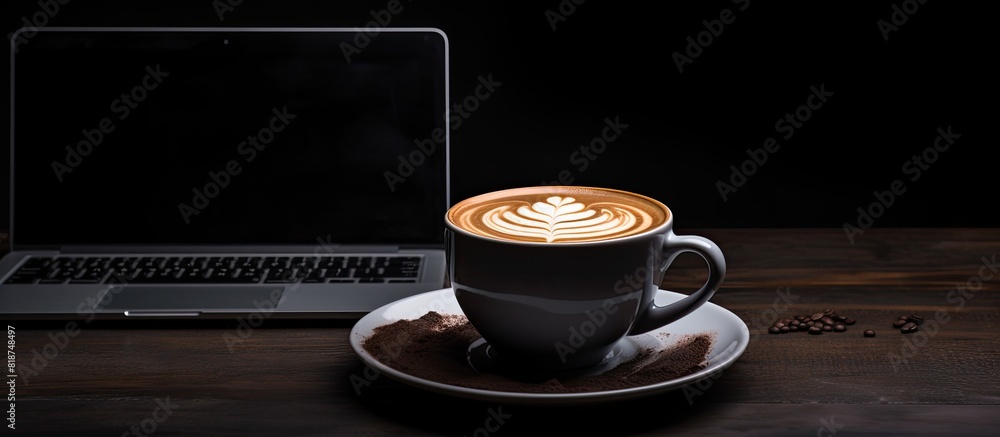 Fototapete A laptop computer rests on a table next to a black cup of latte art coffee creating a dark and moody copy space image