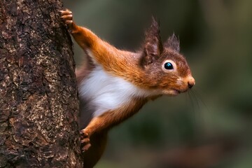 Foraging squirrel gripping tree trunk to observe something