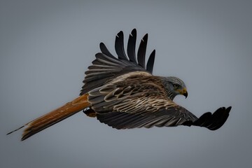Red kite hunting with wings fully extended