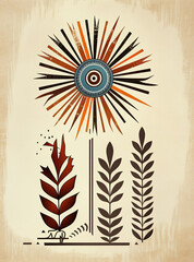 A stylish boho poster featuring a large geometric sun and abstract foliage design in earthy tones, perfect for adding a touch of bohemian flair to any space. Ideal for home decor, office decoration
