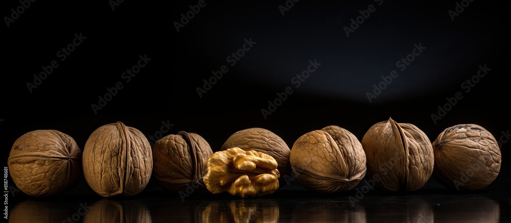 Poster A side view copy space image of walnuts in their shells resting on a black surface against a background of nutritious nuts and seeds