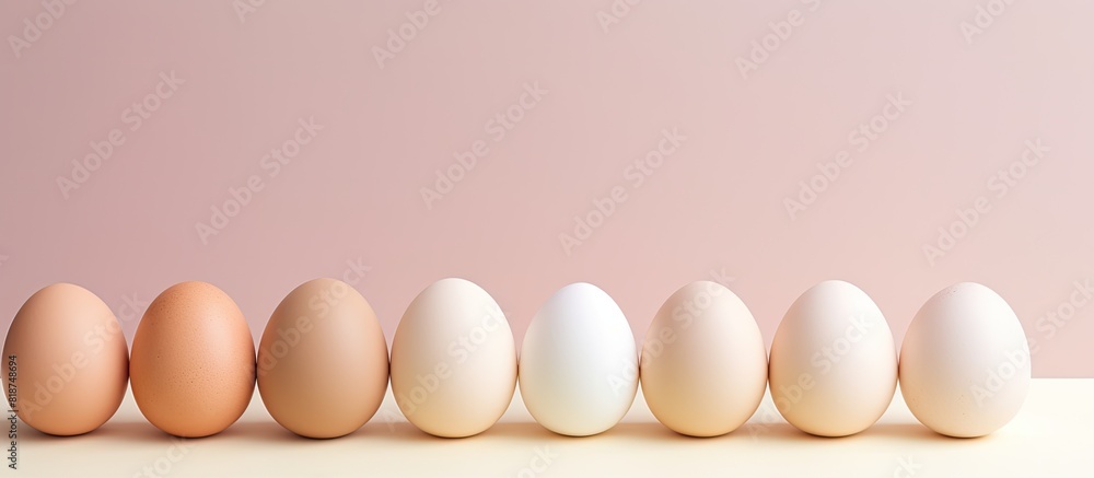 Poster copy space image of natural pale colored easter eggs dyed in pastel shades arranged in a row on a be