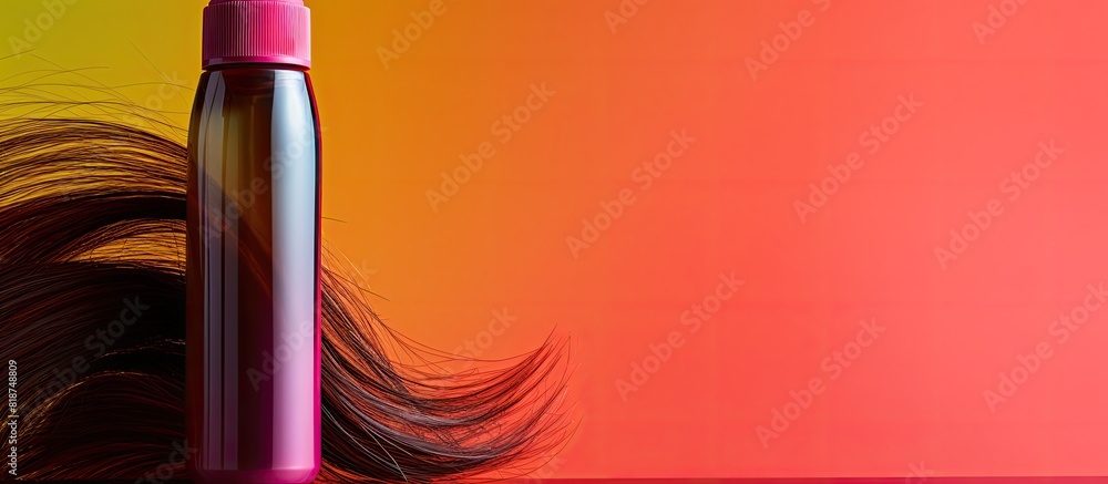 Poster copy space image of a shampoo bottle and a single strand of hair against a colorful background allow