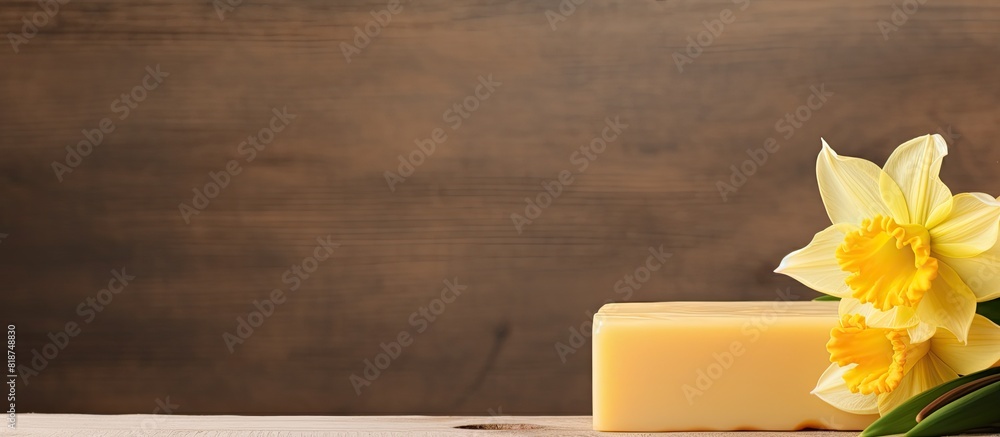 Poster A copy space image featuring natural handmade soap and a daffodil resting on a wooden table against a neutral backdrop