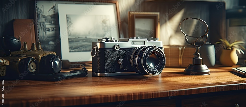 Poster A vintage camera sits on a wooden desk in a workplace office alongside a computer creating a copy space image