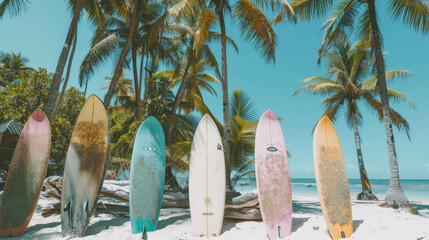 A row of surfboards are lined up on a beach. The surfboards are of different colors and sizes. The scene is bright and sunny, with palm trees in the background