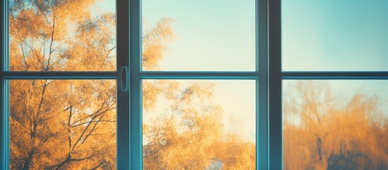 The copy space image shows the pale blue sky outside the window as the evening sun casts a golden yellow glow through the glass