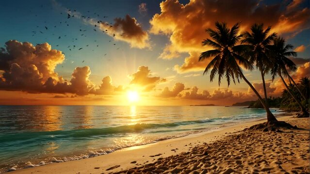 Animation Summer landscape with tropical beach at sunset  Seamless looping 4k time-lapse animation video background