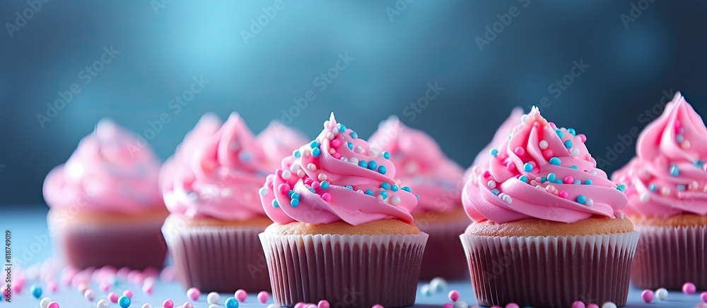 Poster colorful sprinkles and pink frosting adorn the cupcakes creating a visually appealing and delicious 