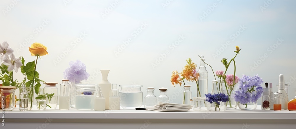 Poster a white table adorned with cosmetic oil laboratory dishware and flowers providing ample space for ad