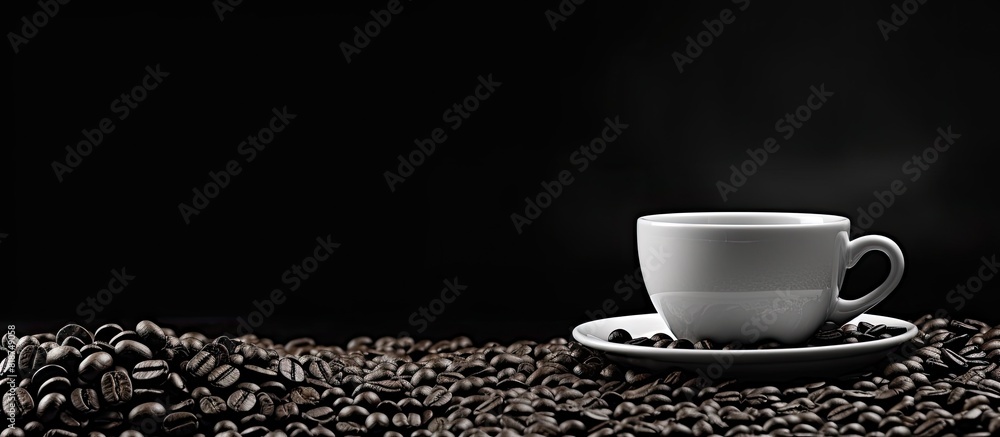 Aufkleber A monochrome cup of coffee with coffee beans nearby creating a visually appealing image with plenty of blank space to add text or designs. Creative banner. Copyspace image