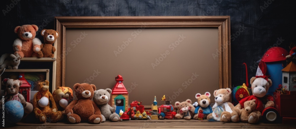 Fototapete a studio shot with a wooden background showcasing an empty picture frame and toys scattered on the f