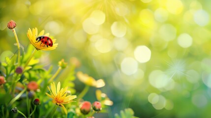 A ladybug sits on a vibrant yellow flower amidst a dreamy, sunlit meadow with bokeh effects...