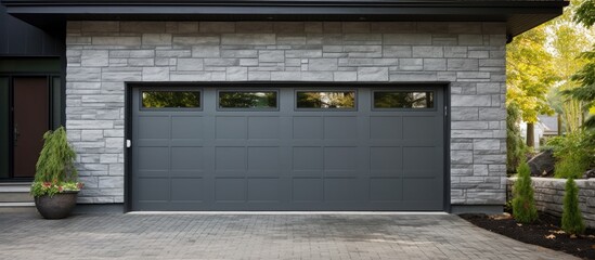A home s exterior showcasing gray double garage doors and a stone wall with plenty of copy space for images