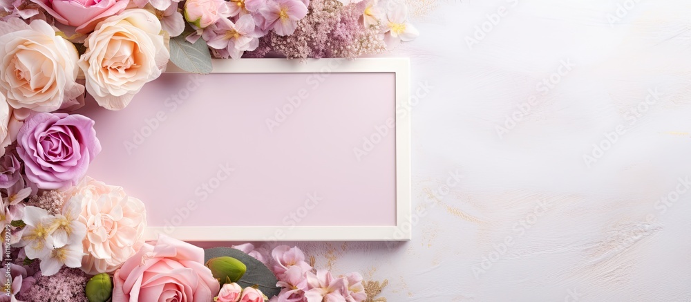 Aufkleber A top down view of an empty picture frame adorned with pastel colored artificial flowers providing copy space for a greeting card
