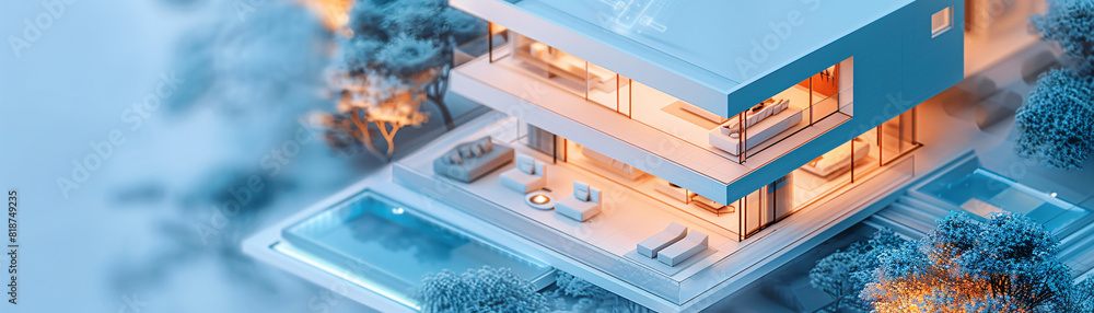 Poster amidst the isometric layout of a cutting-edge smart home, a remote control is held by a hand, overse